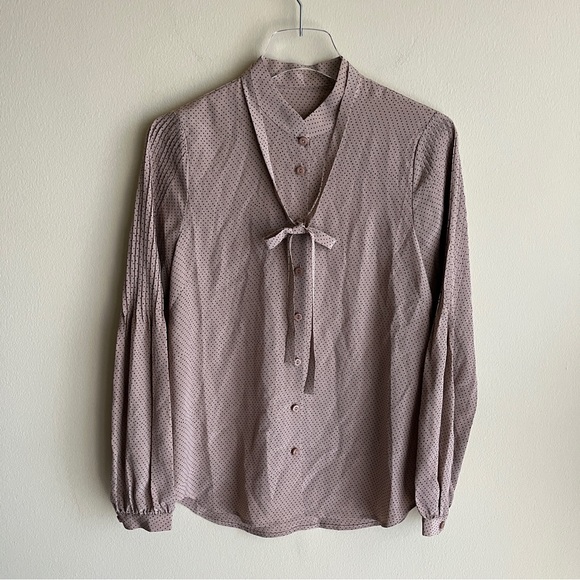 Jeunesse Claudine Blouse 100% Silk Long Sleeve Top Mocha with Mini Black Dots XS - Picture 2 of 9